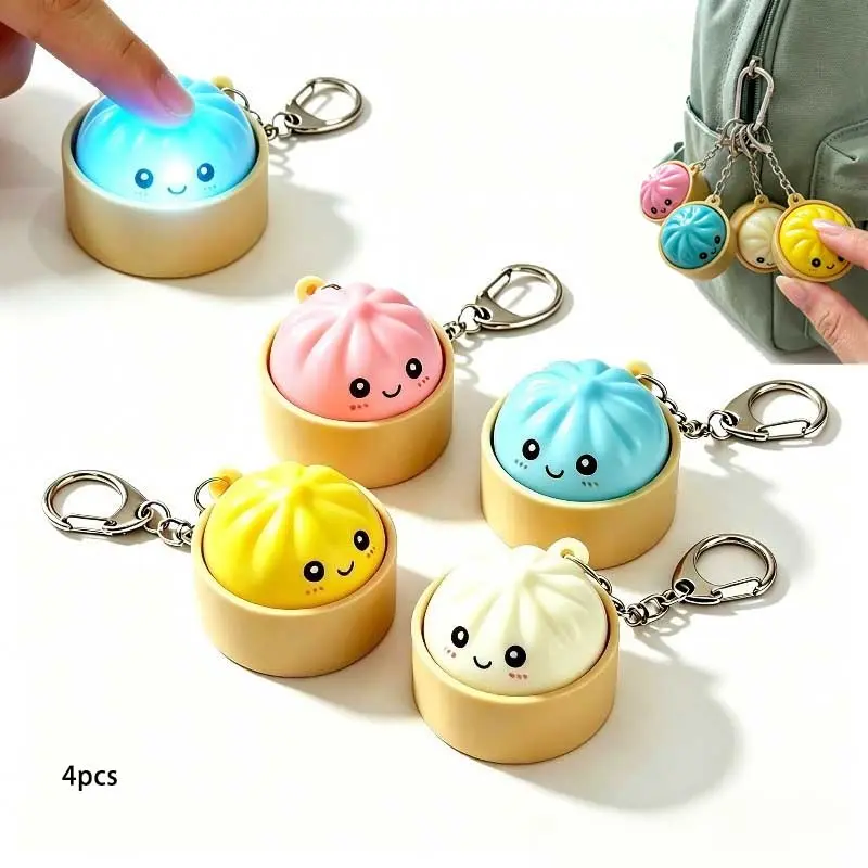 4 Pack Cute Glowing Bun Keychain Set, Press-to-light Key Rings with Mini Steamers, Bag Charms Pendants, Party Prizes & Holiday Gifts for Kids, Keychains Cute