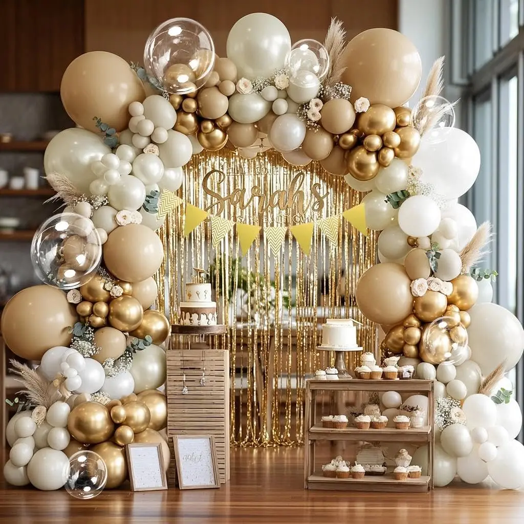 White Sand  Balloon Garland, Double Stuffed  White  Cream Beige Balloons Clear Bobo Balloon Arch Kit for Birthday  Wedding Bridal  Shower Graduation Party Decorations