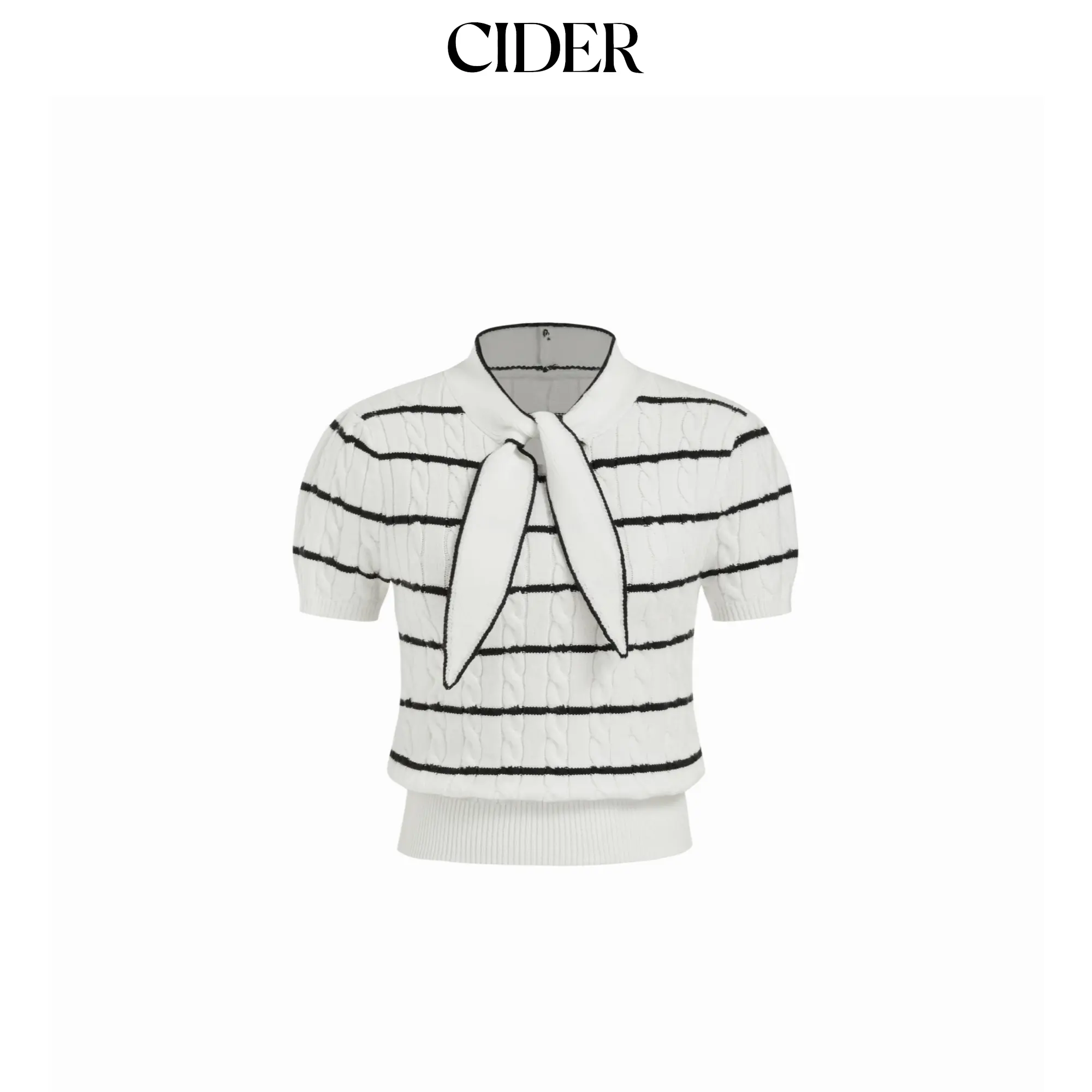 Cider Cable Knit Striped Knotted Short Sleeve Top
