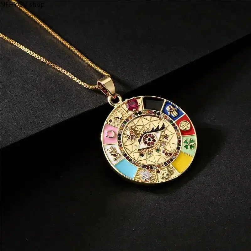Unisex Gold-Tone Metal Coated Copper Evil Eye Pendant Necklace, Oil-Dripping Long Chain Statement Jewelry, Fashion Costume Ornament For Men Women Daily Party Styling & Gifting Use