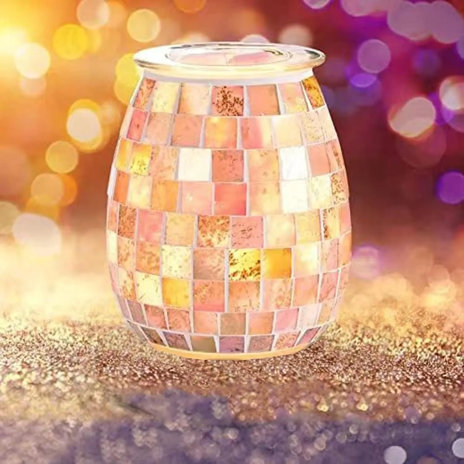 Pink Mosaic Glass Wax Melt Warmer with Gold Leaf, Electric Wax Burner with Removable Tray, Flameless Night Light Aromatherapy Gift for WomenGift