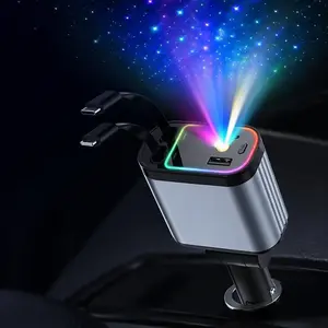 4-in-1 Retractable 66W Fast Car Charger, Smartphone Car Charger with Star Projector Night Light, LED Light, USB Car Adapter, Compatible with iPhone & Samsung #GLOBAL PICKS