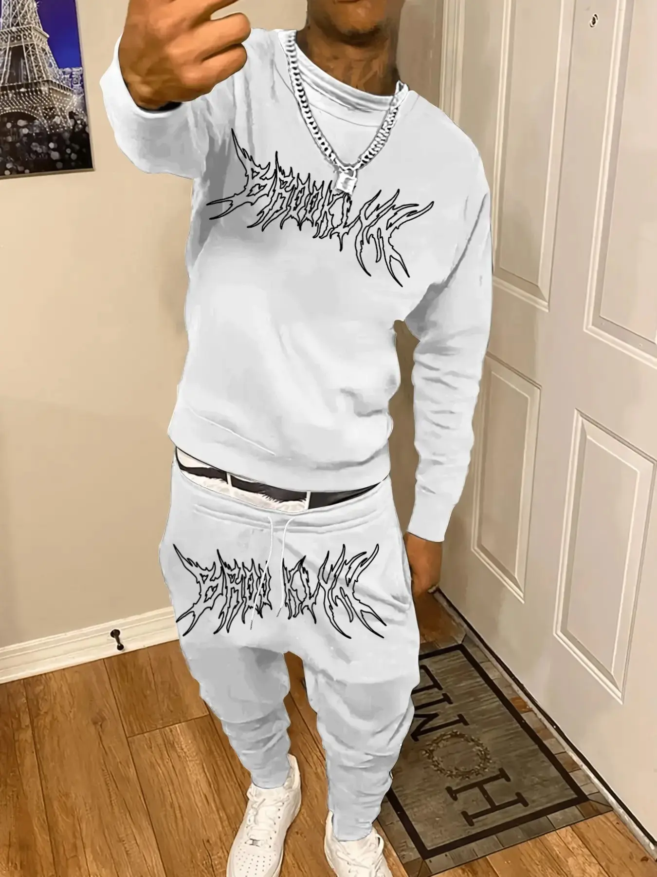 Grunge Metal Aesthetic Men Black Matching Two Piece Outfit Thorn Gothic Graphic Print Crew Neck Long Sleeve Sweatshirt Elastic Drawstring Cuffed Jogger Sweat Pants Lightweight Non-Fade Print Stretch Terry Fabric Hip Hop Streetwear Tracksuit For Night Out