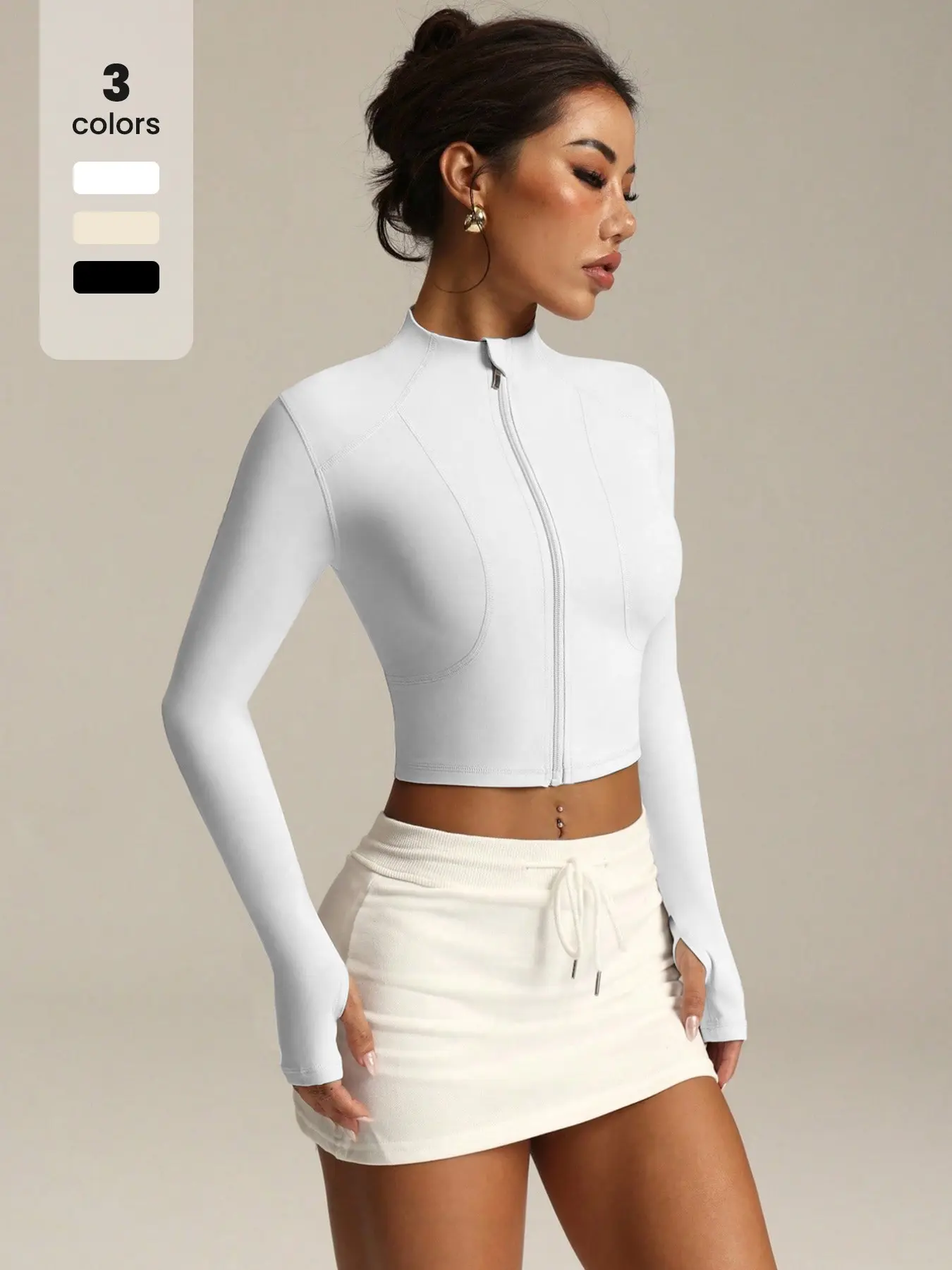 Y2K Women Zip‑Up Cropped Athletic Jacket Thumb Hole Long Sleeve Stand Collar Slim Bodycon Gym Fitness Daily Street Crop Top Outer Layer