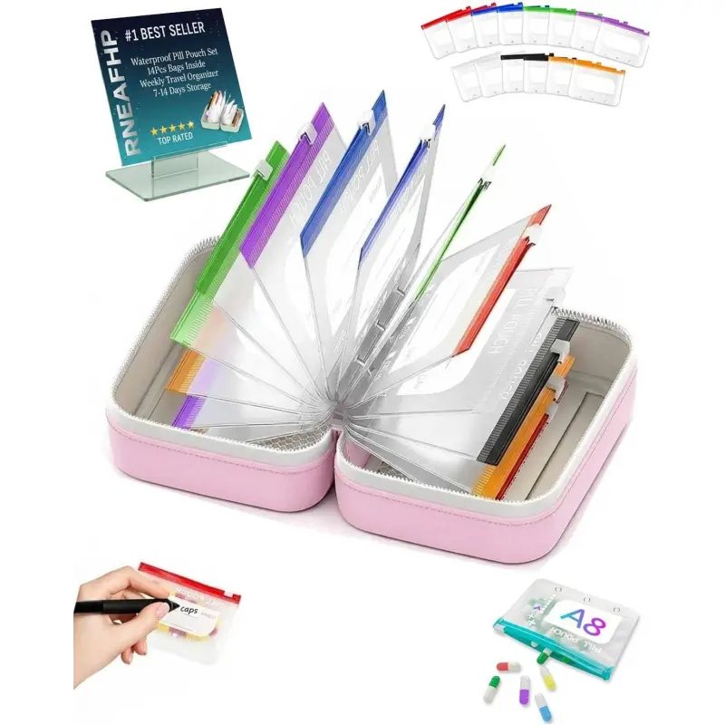 Waterproof Pill Organizer A8 Binder Set Pill Pouches for Travel 14PCS Bags Inside Large Zippered Pouch Bpa-Free Weekly Medicine Air Tight Pocket Color-Coded Reusable Travel Storage System : Health & Household