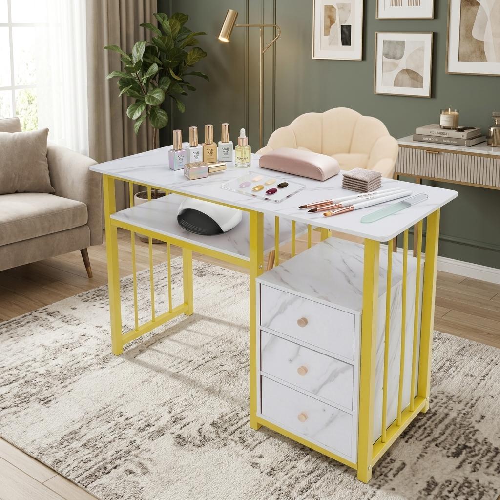 Marbling Texture Manicure Table with 3 Drawers, Multifunctional Nail Tech Desk for Home & Salon Use, Portable Foldable Nail Station, Beauty Salon Equipment for Nail Salons, Offices & Living Rooms