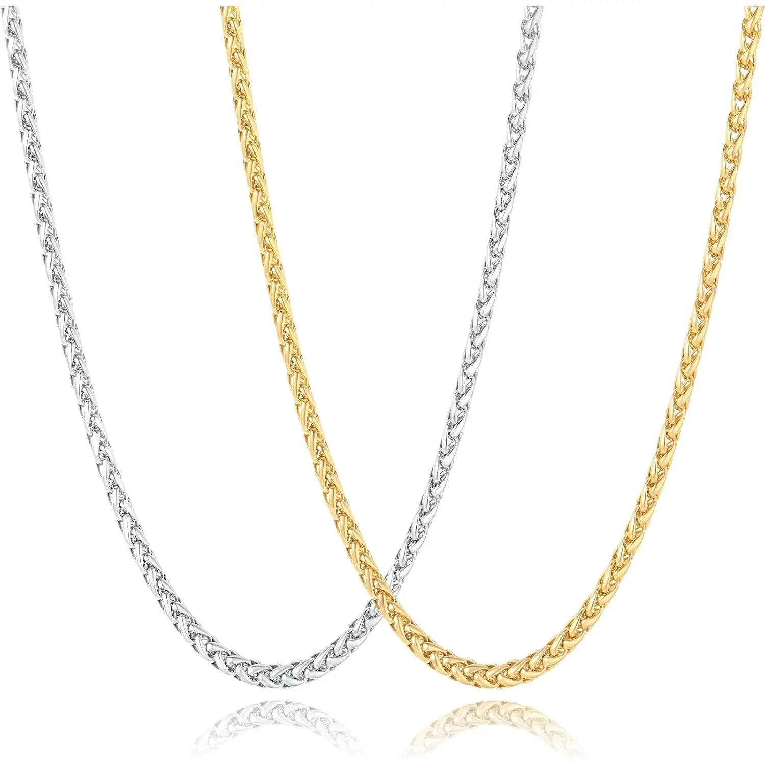 2 count Chains for Men, 4mm Stainless Steel  Tone  or Black Wheat Necklace Chain for Men Women, 16, 20, 24, 28, 32 Inch