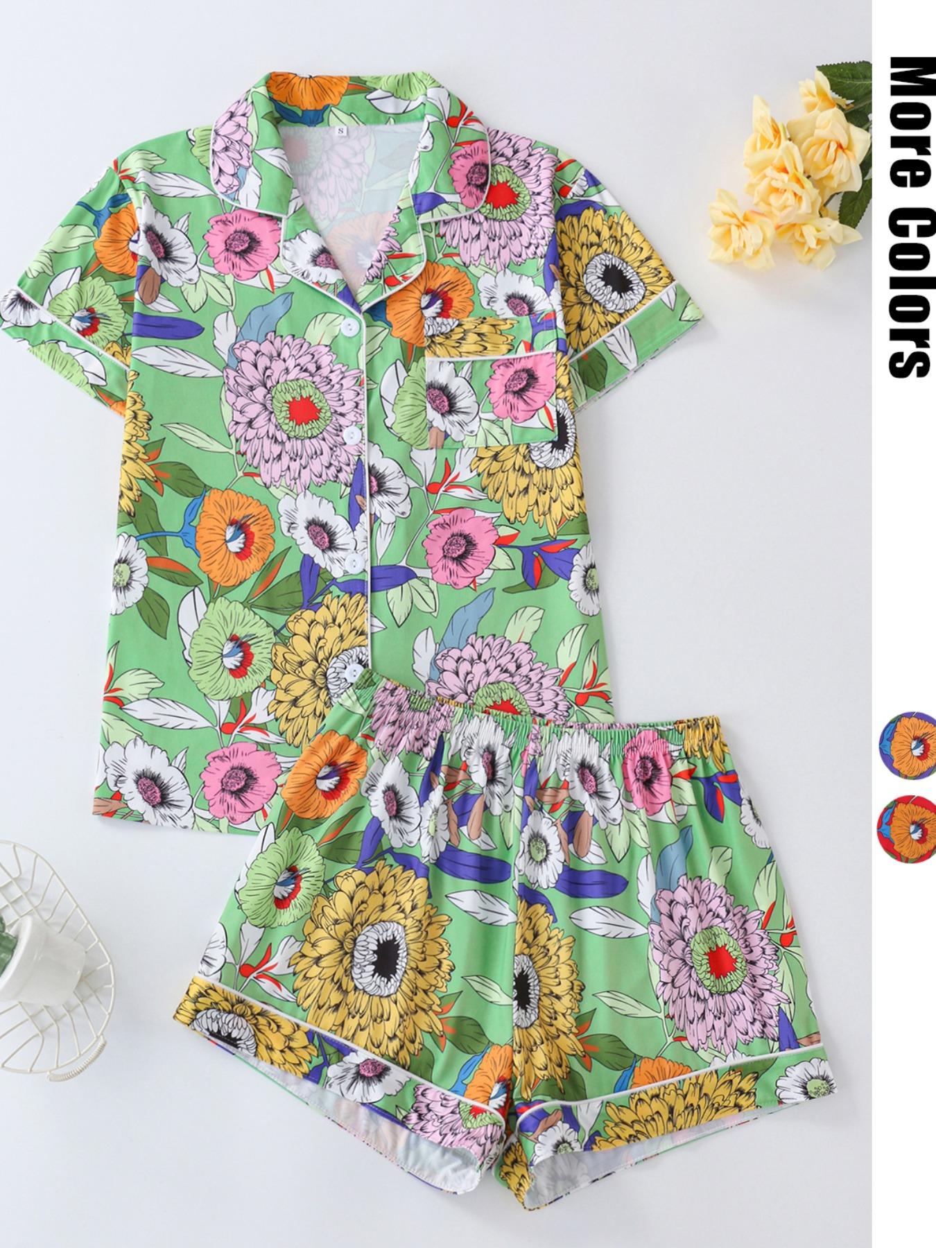 Women's Floral Print Lapel Neck Button Front Shirt & Elastic Waist Shorts Pyjama Two-piece Set, Casual Comfy Short Sleeve Pocket Top & Shorts Pj Set, Ladies Summer Sleepwear, Cute Pajama Sets Women, Pajamas, Button Closure Top