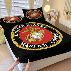 USMC Official Insignia Design 3Pcs Deep Pocket Fitted Sheet Set, Eagle Globe Anchor Emblem Print Mattress Cover, Safe Washable Polyester, Military Style Bedroom Decoration Multiple Standard Sizes