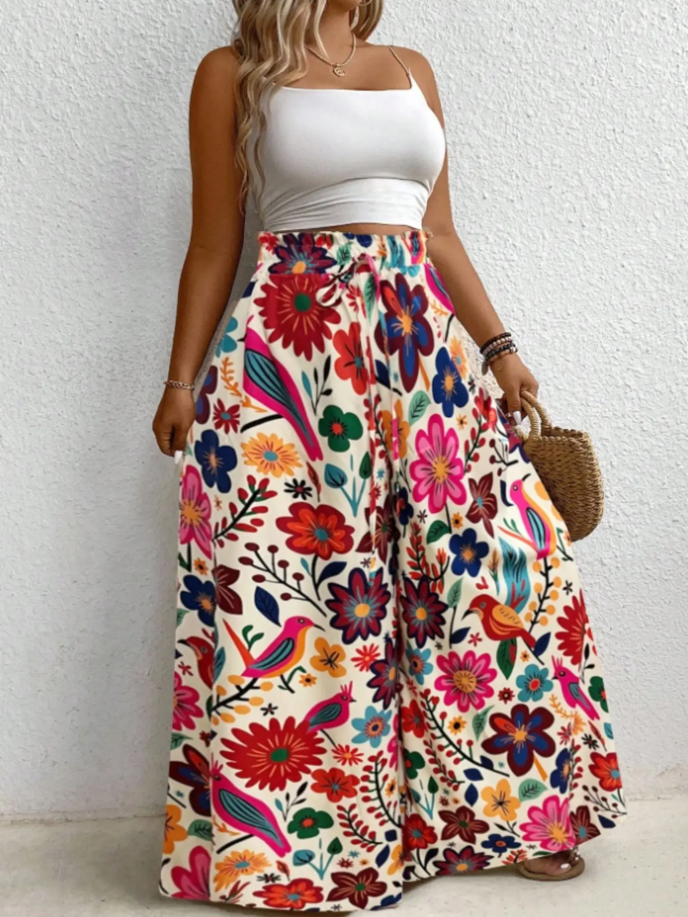VE Women's Plus Size Holiday Tie-Dye Floral Print Wide Leg Pants, Casual Skirt Pants, Comfortable and Stylish Long Pants for Women