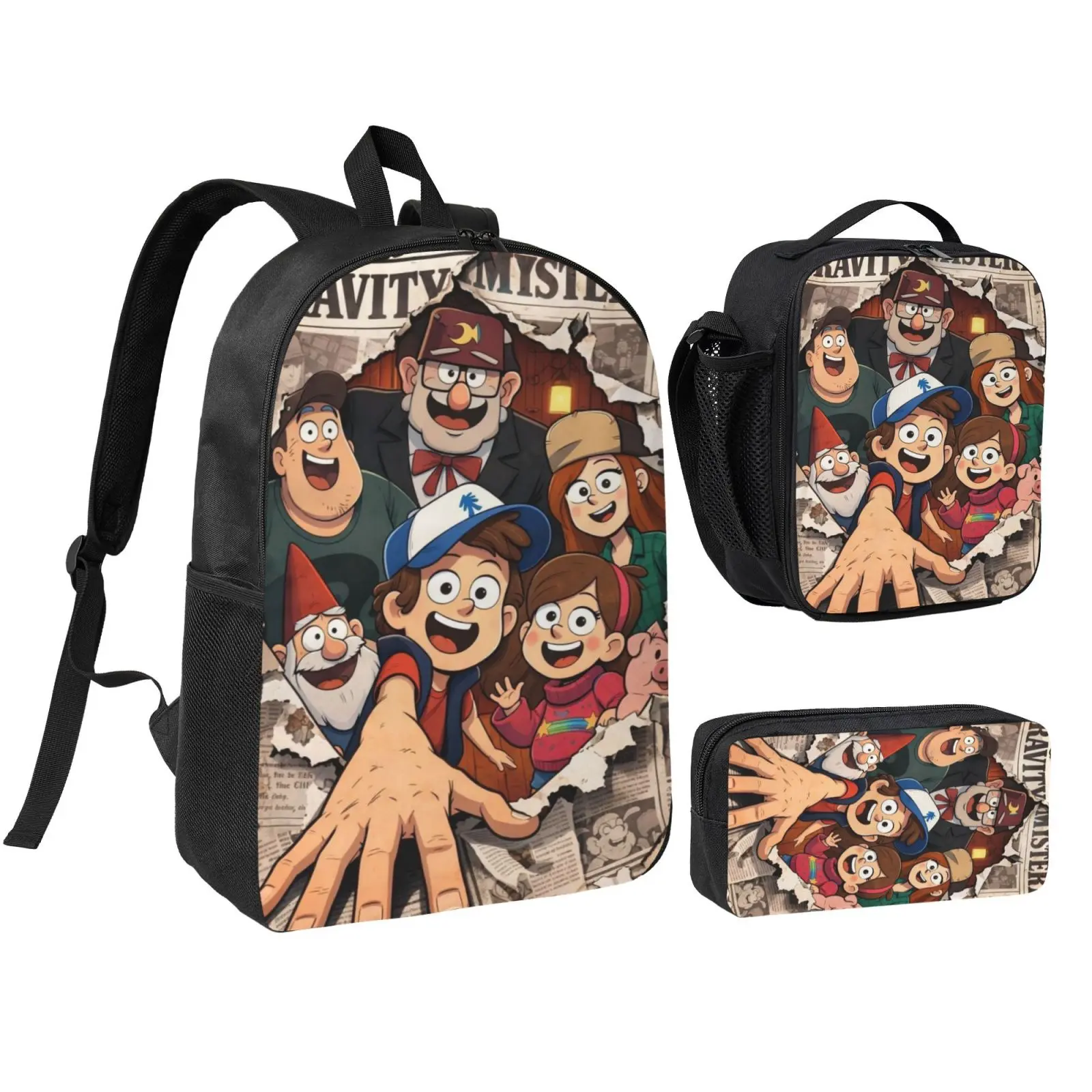 Anime Gravity Falls Graphic 3-Pcs Kids' Backpack Set with Foam Insulation, Adjustable Straps, Zip Closures - Christmas Gifts for Teens, Includes Lunch Bag & Pencil Case, Lightweight School/Party Daypack