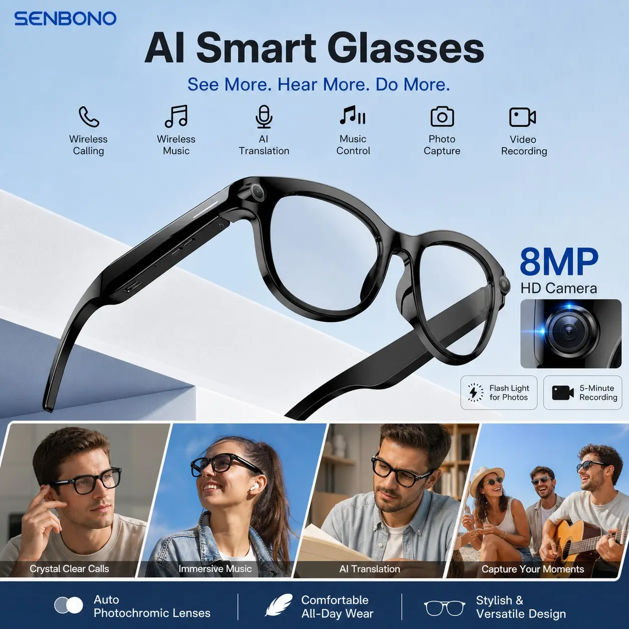 Senbono Smart Bluetooth Glasses with 8MP HD Lens, LED Flashlight, AI Object Recognition and Translation, Music Playback and Voice Control, 39g Lightweight