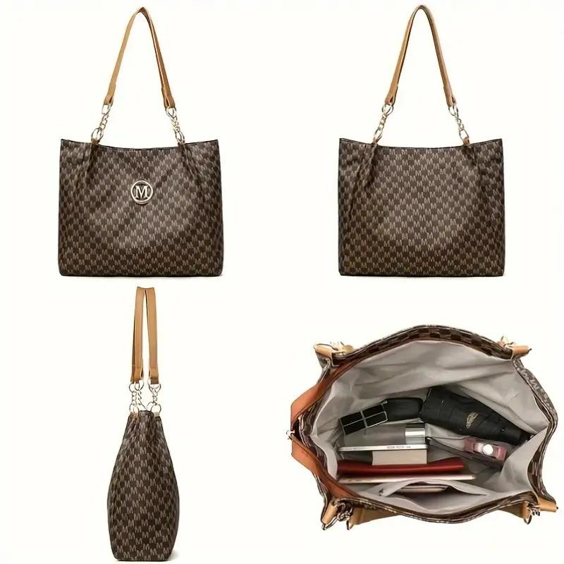 Two-piece set with large-capacity single shoulder bag, perfect for elegant urban women. Features a Lotus M print, stylish M-shaped metal buckle design, lightweight fixed shoulder strap, Lightweight style, suitable for various occasions-ideal gift