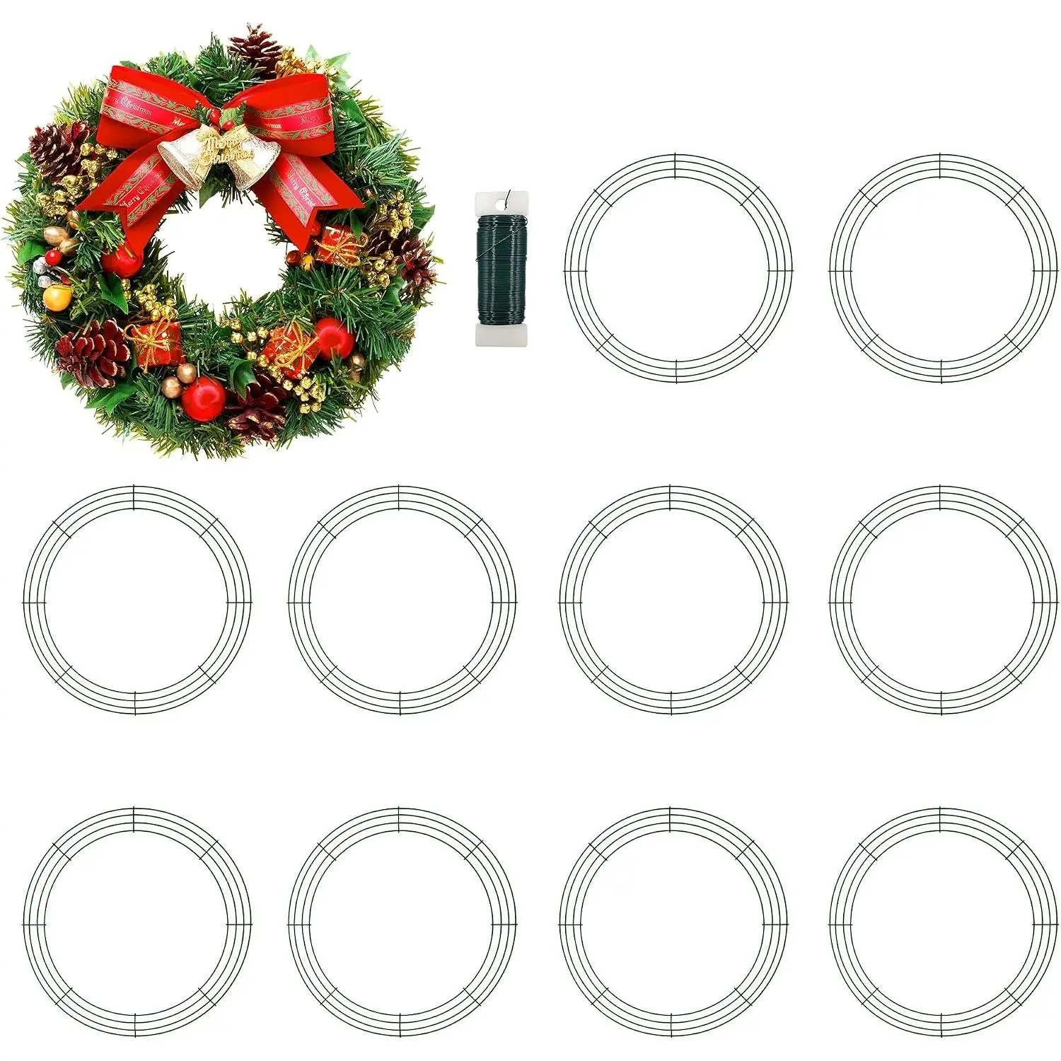 16 Inch Christmas Green Wire Wreath Frame,10 Pack Metal Front Door Wreath Round Form Iron Ring for Christmas, New Year Decors, Crafts, DIY, Holidays, Events