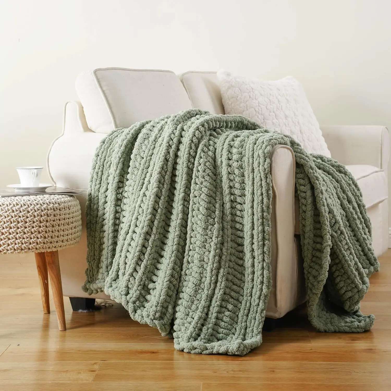 Chunky Knit Throw Blanket for Couch, 50"x60", Sage Green | Sage Blanket Hand Knit Cozy Warm Thick Soft Chenille Throw Blanket for Bed, Sofa, Chair, Living Room