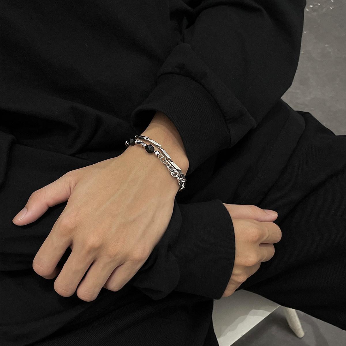 Obsidian & Titanium Steel Double Layer Bracelet |     Light Luxury Premium Men's Hand Jewelry, Unique Minimalist Style, Couple Bracelet