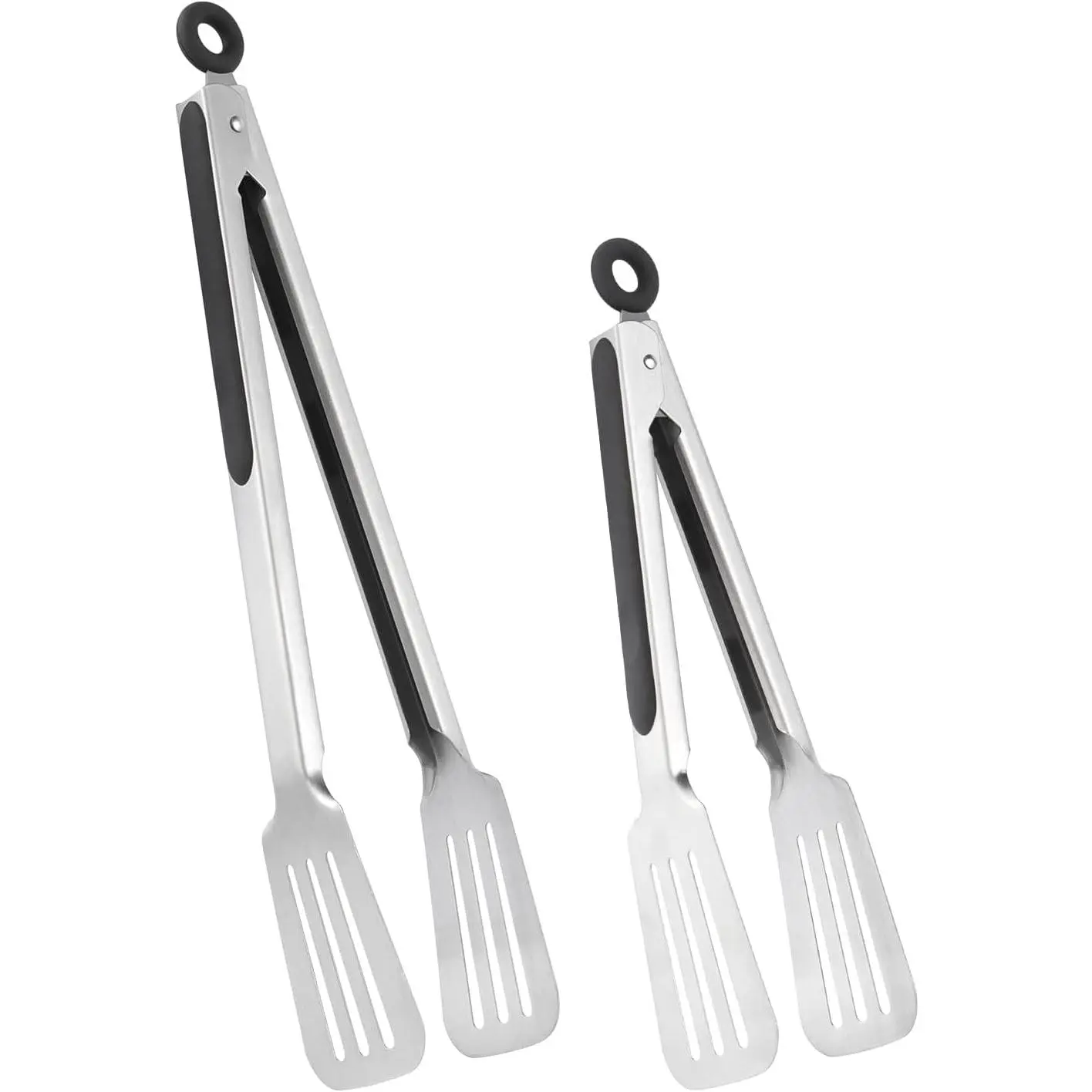 Tongs for Cooking, Set of 2 Metal Spatula Tongs for Grilling, Black | 9 inch & 12 inch, Flat Spatula , Comfortable Handle,  Grip, Easy Pull Lock, Flipping Utensil