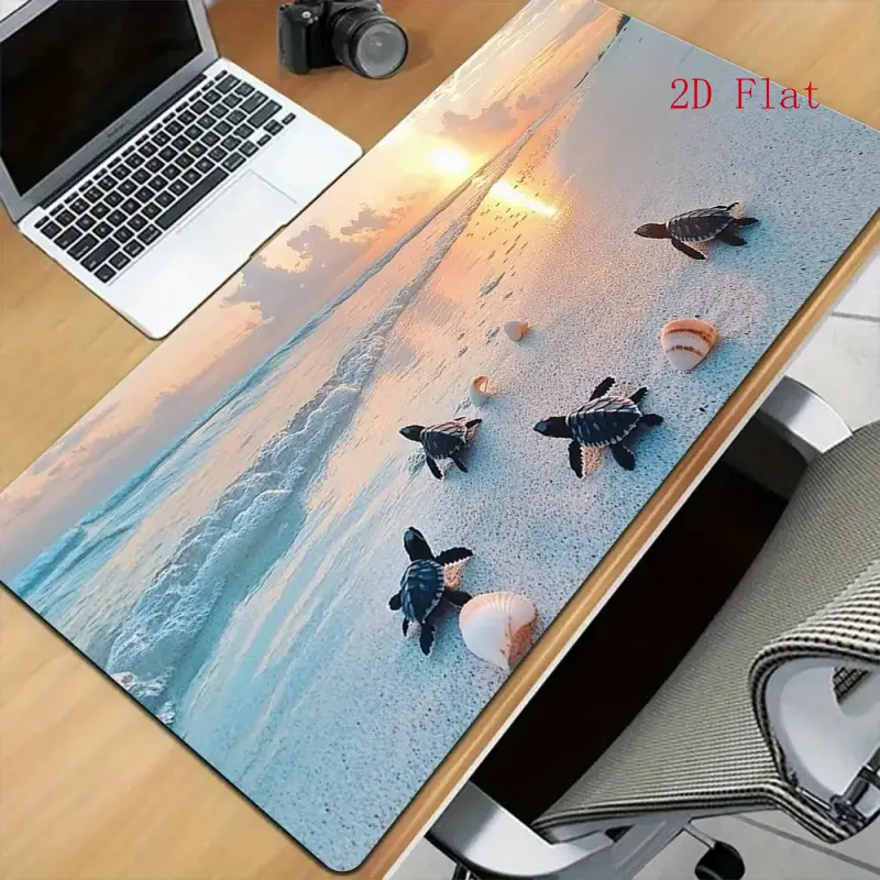 1-piece turtle mouse pad and desk mat - non-slip design, suitable for home office computers, high-definition printed pattern of a little turtle on a beach at sunset with 4 turtles, durable and silent desktop accessory, suitable for coastal decor, computer