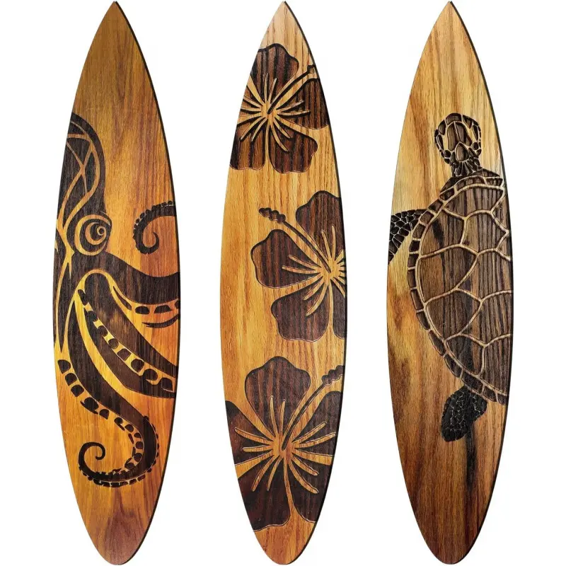 3 Surfboard Wall Decorations Wooden Beach Room Surfboard Wall Decor Summer Turtle Hibiscus Octopus Hawaiian Tropical Signs for Home Bedroom Party Decorative Wall Art