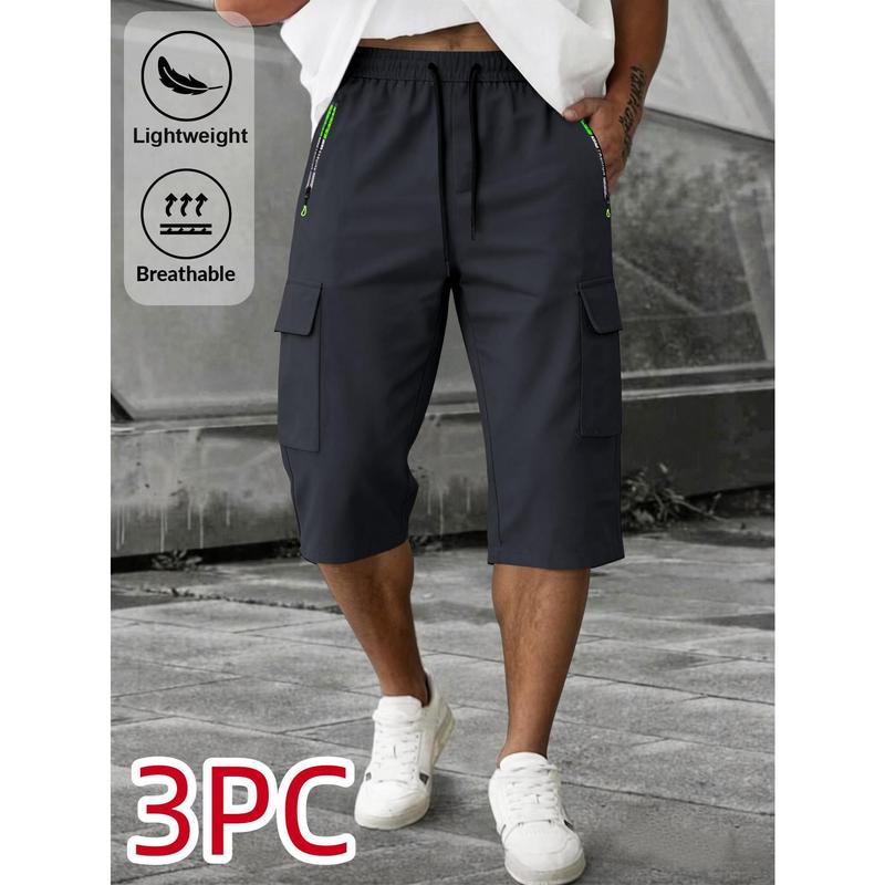 Men's 3-Piece Loose-Fit Work Pants - Elastic Waistband, Multiple Pockets, Male Clothing for Running, Commuting