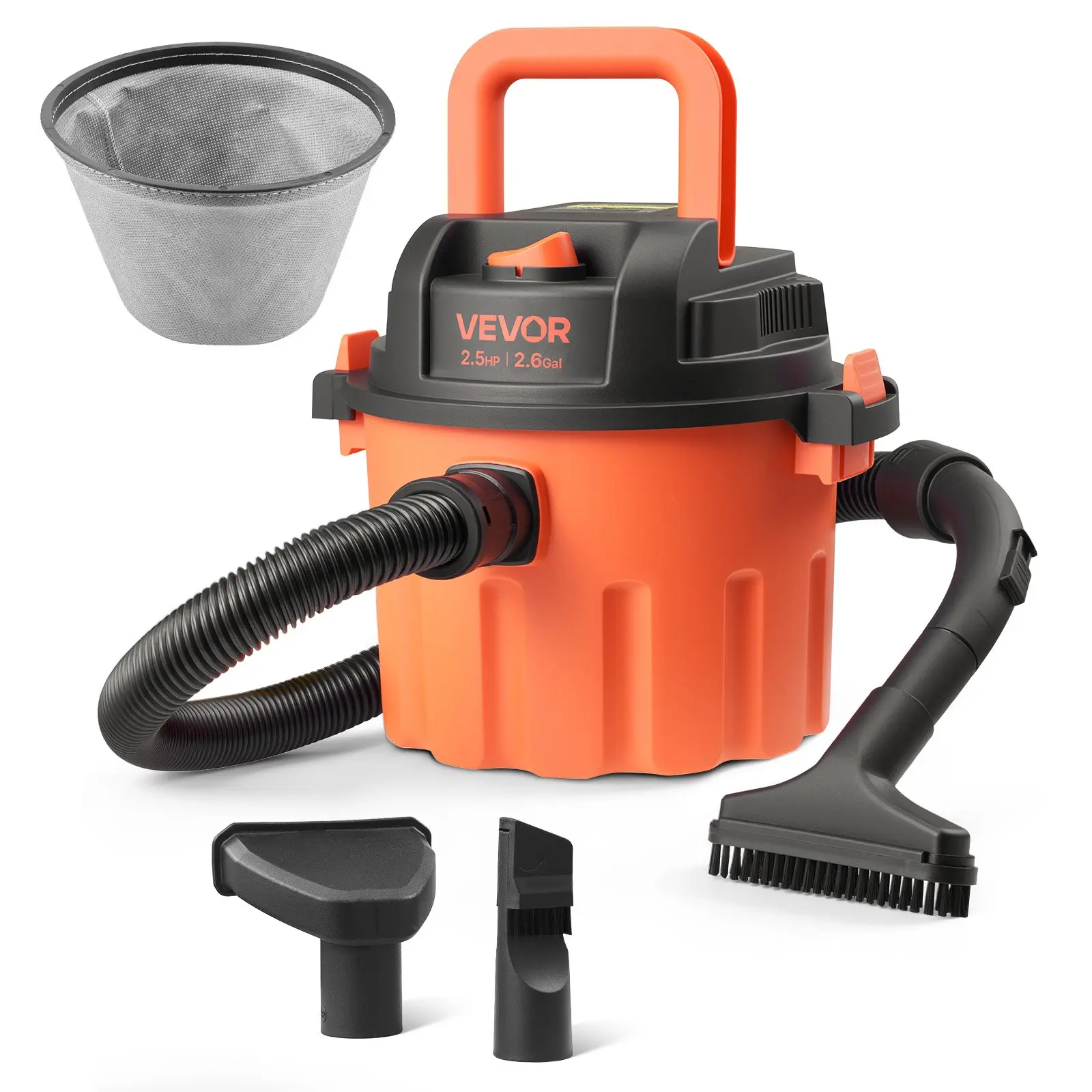 【Summerfinds】VEVOR Shop Vac, 2.6 Gallon Dry Shop Vacuum, 2.5 Peak HP Portable with 800W Input Power, Various Nozzles, 1.25in Diameter x 4ft Hose, 9.2ft Cord for Home, Garage, Jobsite, Workshop, Black Orange