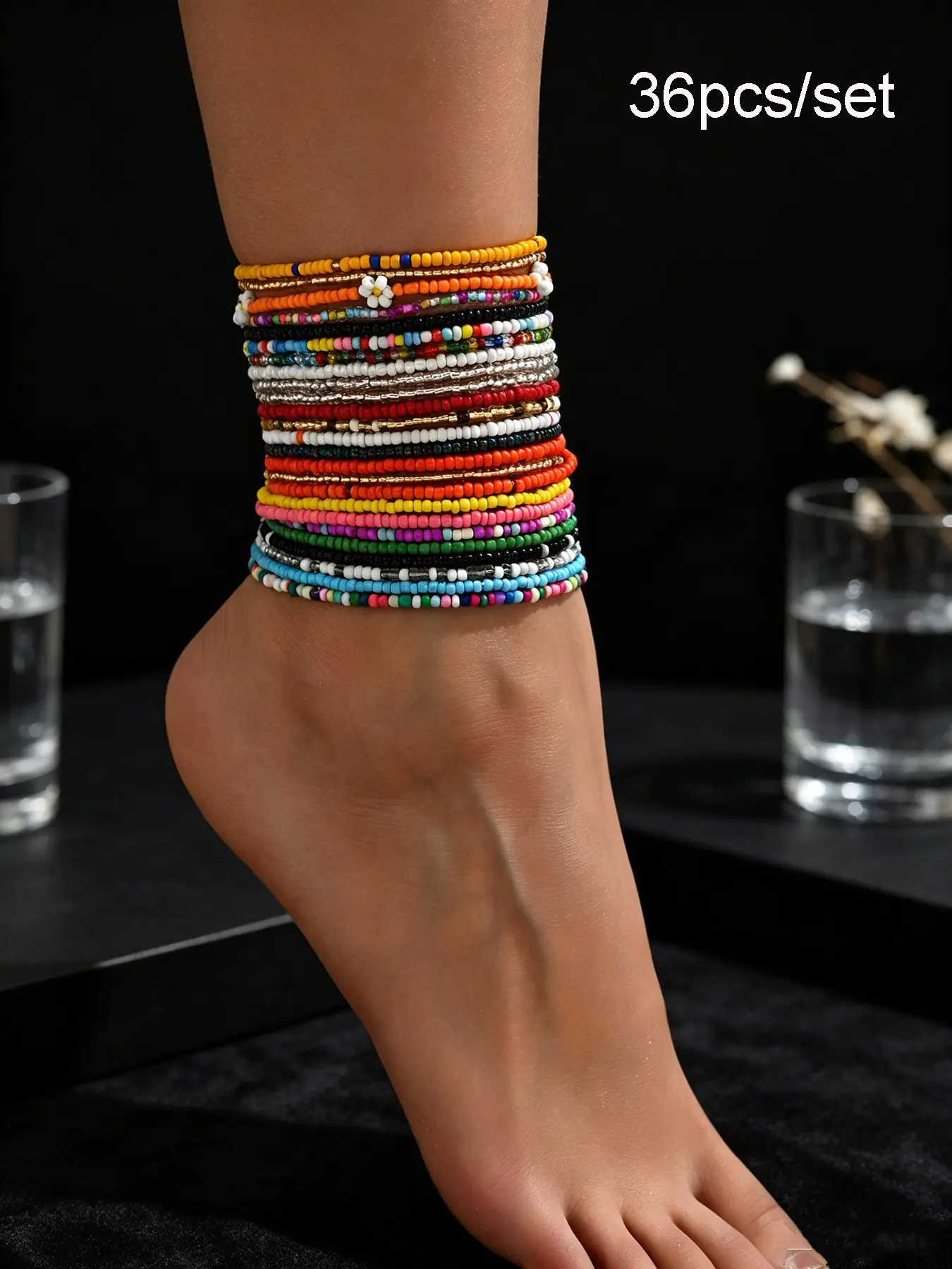 36pcs/set Bohemian Colorful Beaded Stretch Bangle Bracelets Anklets, Elegant Geometric Design, Perfect for Daily Wear and Gifts