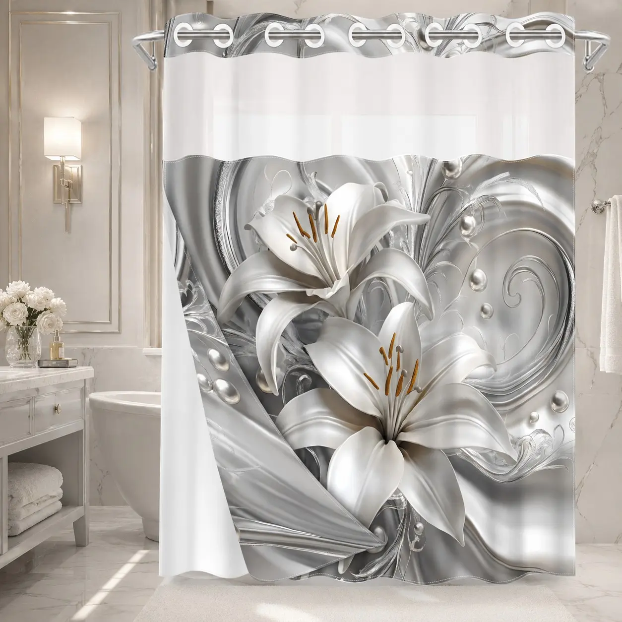 1PC 2D Flat Embossed Lily Pattern Double-Layer Woven Pretty Shower Curtain (No Hooks), Transparent Top Window, Removable liner with snap-on lining, Modern and Personalized Bathroom Partition Art Decoration, Bathroom Decor, Holiday Decoration
