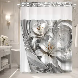 1PC 2D Flat Embossed Lily Pattern Double-Layer Woven Shower Curtain (No Hooks), Transparent Top Window, Removable liner with snap-on lining, Modern and Personalized Bathroom Partition Art Decoration, Bathroom Decor, Holiday Decoration