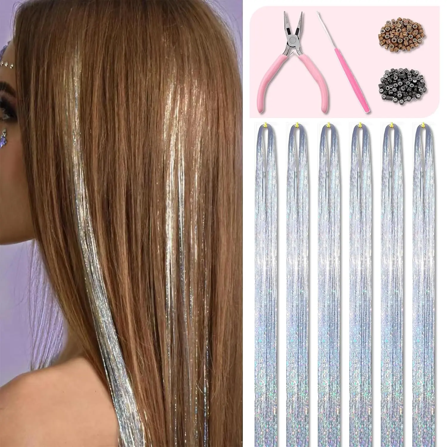 Hair Tinsel Kit 48 Inches 1200 Strands with Tools and Instruction Easy to Install Fairy Glitter Tinsel Hair Extensions for Women and Girls,Shinny Sparkling Braiding Hair Accessories for Halloween  Party