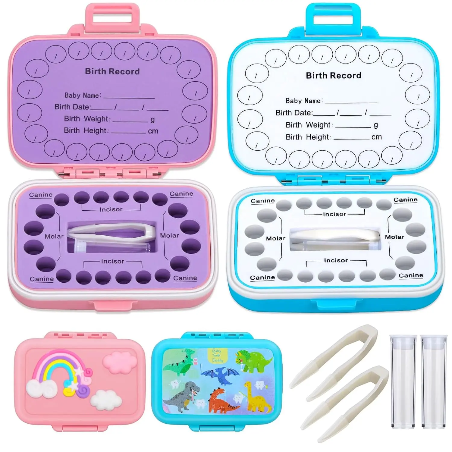 2 Pack Tooth Holders for Kids Keepsake, Tooth Fairy Box, First Tooth Keepsake Box, Tooth Collection Container Boxes for Lost Teeth for Kids, Baby Teeth Saver Storage Case (Rainbow and Dinosaur)