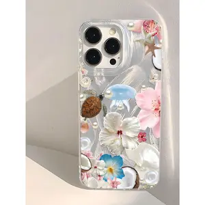 Tropical Island Resort Style Butterfly Orchid, Hibiscus, Coral, Coconut, Seashell, Faux Pearl Pattern Phone Case, Silver Transparent Thick Protective Cover Compatible With 11, 12, 13, 14, 15, 16, 17 Pro Max