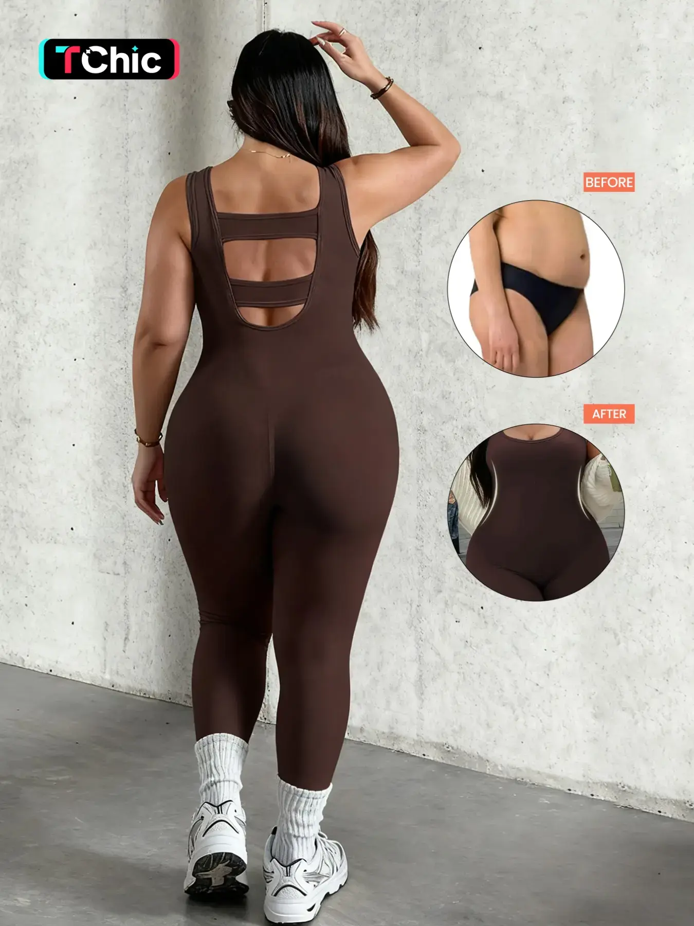 Plus Size U-Neck Hollow Out Back Stretchy Jumpsuit for Women, High Stretch Breathable Fitness Wear, Ideal for Yoga, Gym, Daily Use
