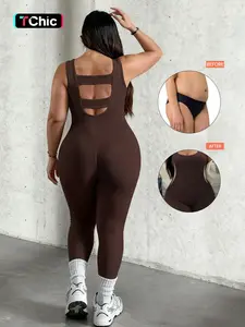 Plus Size U-Neck Hollow Out Back Jumpsuit for Women, High Stretch Breathable Fitness Wear, Ideal for Yoga, Gym, Daily Use