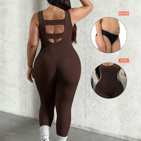 Plus Size U-Neck Hollow Out Back Sporty Jumpsuit for Women, High Stretch Breathable Fitness Wear, Ideal for Yoga, Gym, Daily Use
