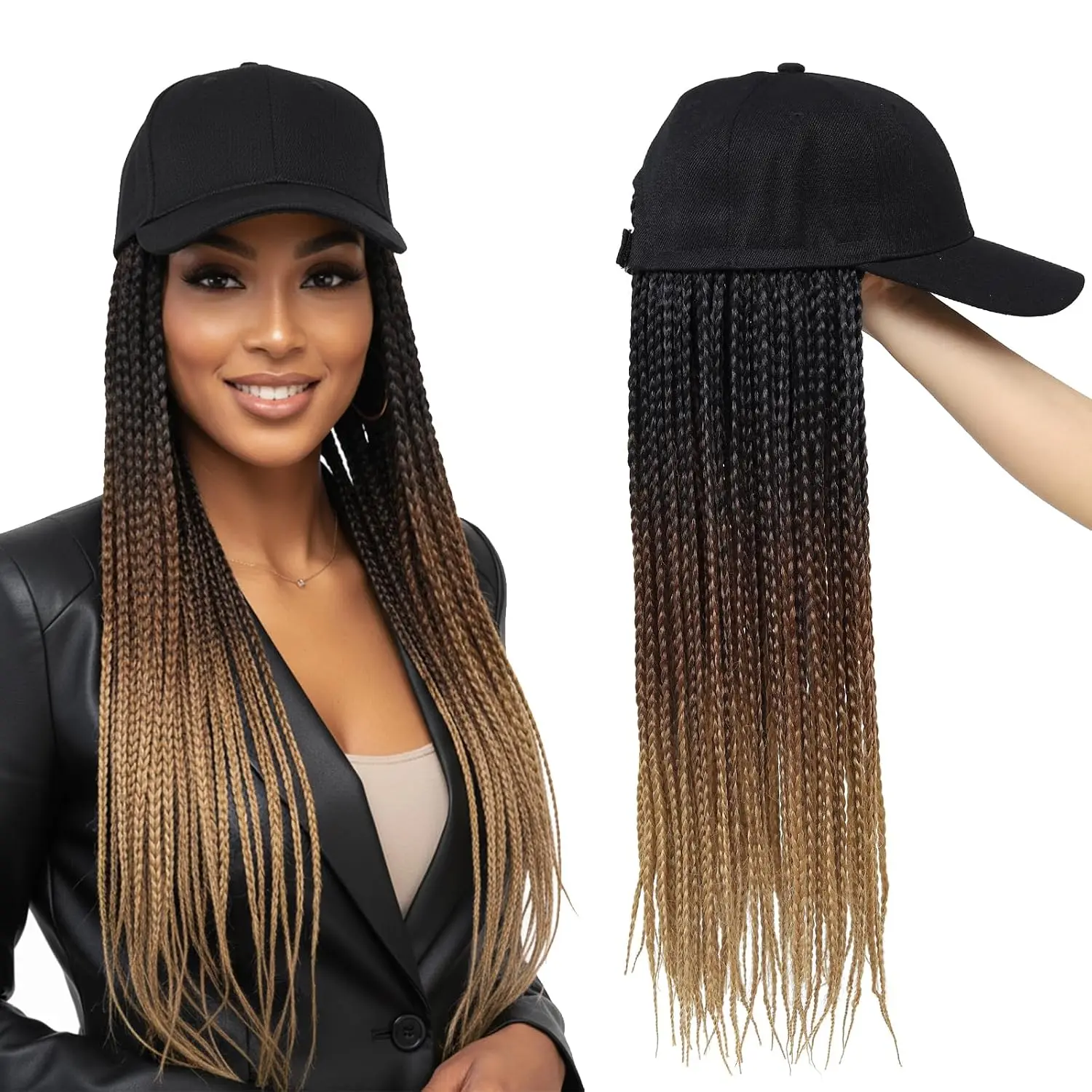 Hat Wig for Women Baseball Cap with Braided Hair Attached Synthetic Knotless Box Braid Wig Hat Adjustable Cap with 18in Long Ombre Black Brown Light Brown Braids for Daily Outdoor Use