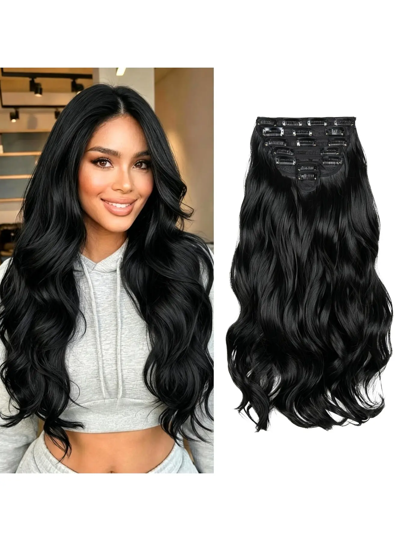 18-inch 7-piece set of 16-clip long wavy Natural Fluffy Synthetic hair extensions, voluminous and natural-looking with large waves, perfect for everyday wear, parties, events, and weddings for women
