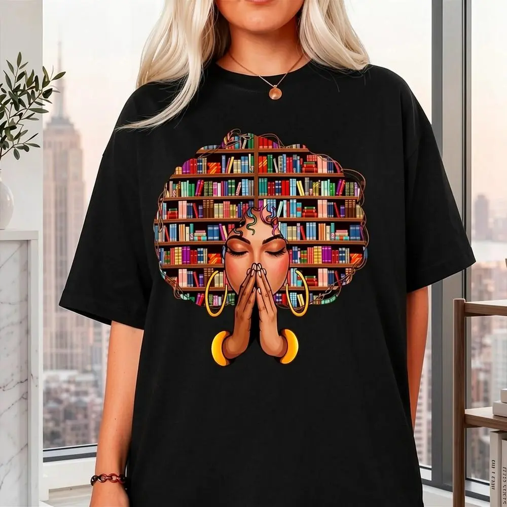 Women's 100% Cotton T-Shirt - Unisex Short Sleeve Regular Fit, Comfortable Casual Lightweight Breathable Top with Afro Graphic Afro Woman Book Lover Print for Everyday Outfits, All Seasons, Round Neck, Machine Wash
