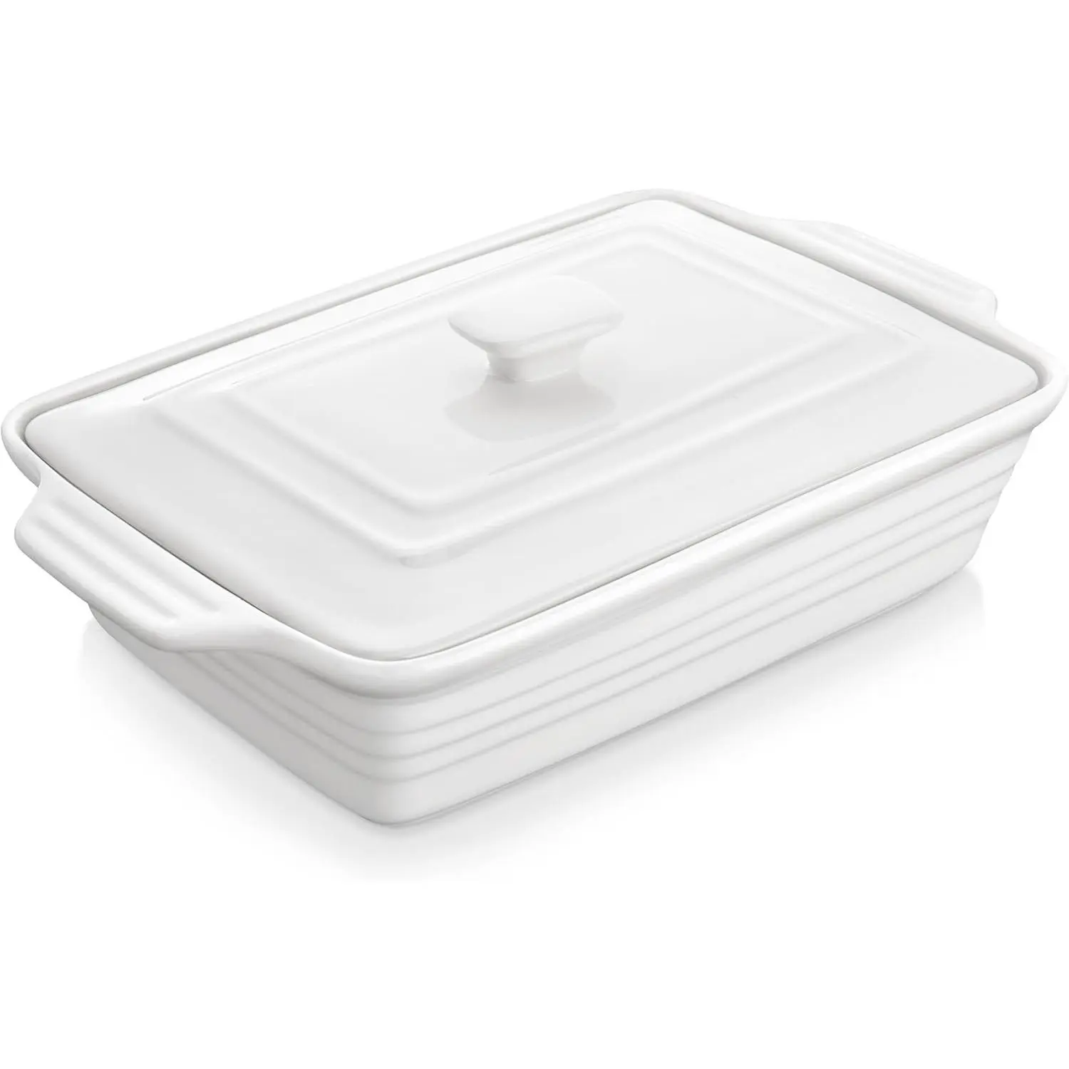 MALACASA 4.4 Qt Casserole Dish for Oven, Porcelain Baking Dish with Lid | White Baking Pan with Handle, Large Lasagna Pan Deep, Rectangular Bakeware for Oven, Microwave & Dishwasher Safe, Series BAKE