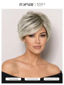 TOPSHE 1pc 6 Inch Short Pixie Bob Wig for Women Blonde Grey Green Layered Short Wig Glueless Natural Looking Human Hair Blend Heat Resistant Synthetic Wig Daily Office Party Fashion