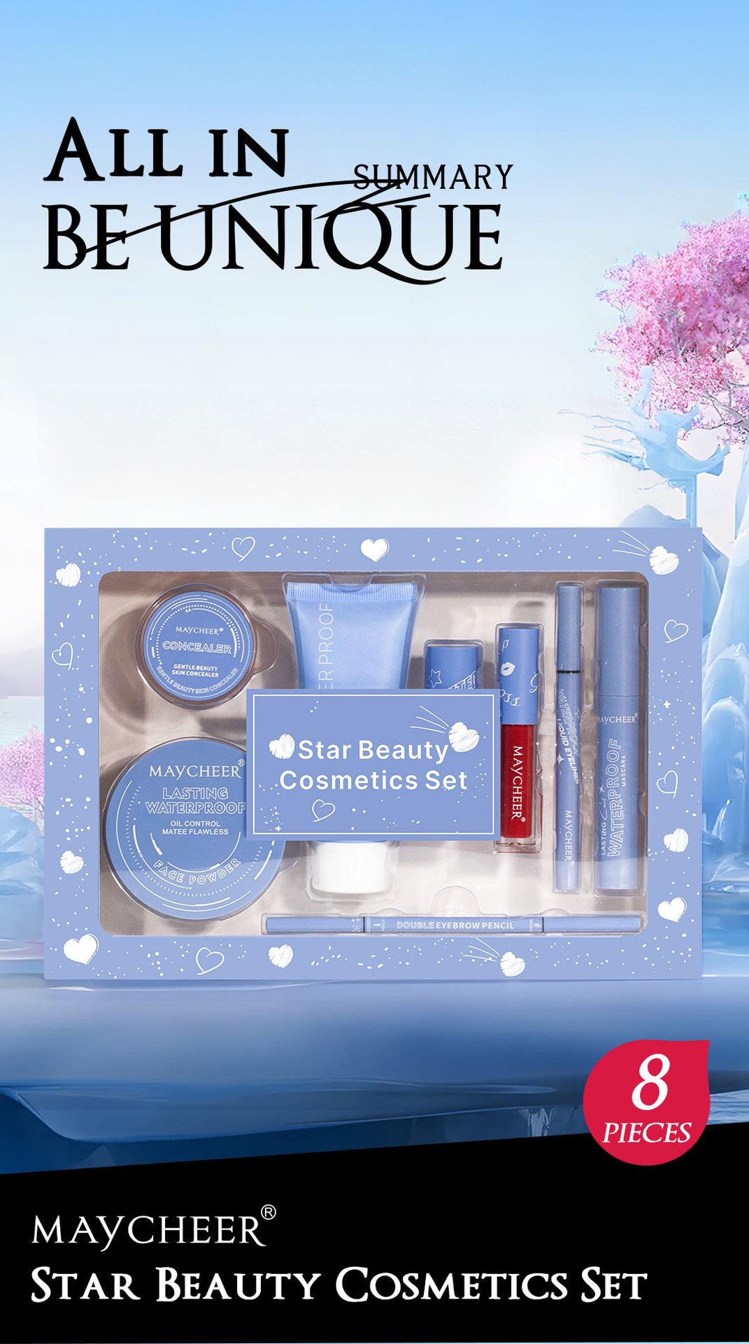 MAYCHEER Heart-to-Heart Beauty Makeup Set: Lipstick, Lip Gloss, Eyeliner, Eyebrow Pencil, Foundation, Powder Set