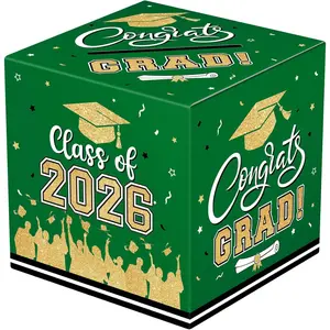 Graduation Card Box 2026 - Congrats Grad Card Boxes Holder, Green and Gold Class of 2026 Graduation Gift Cards Box for Graduation Party Decorations 2026 Favors Decor Supplies Props,9x 9 x 9 inches