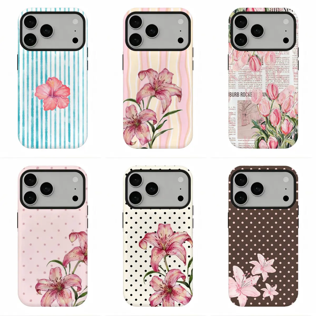 Pastel Striped Hibiscus Lily Polka Dot Floral Phone Case, Compatible for iPhone 17Promax 16 15 14 13 12 11 and for Samsung S26-S21, Cottagecore Soft Girl Preppy Aesthetic Shockproof Cover, Viral Pastel Floral Newspaper Print Case, Perfect Holiday Gift