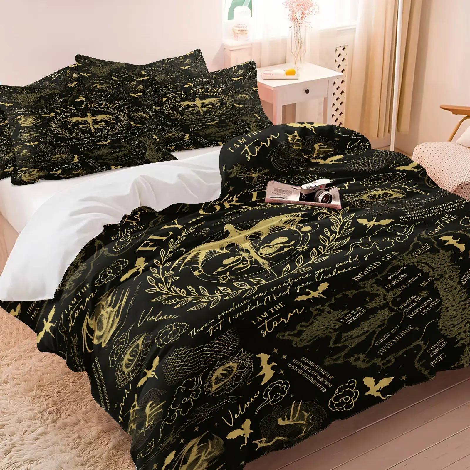 3PCS Vintage Gold Dragon Sketch Duvet Cover Set (1 Duvet Cover + 1-2 Coreless Pillowcases), Gothic Fly Or Die Quote Dragon Pattern, Skin-Friendly Soft Comfy All Seasons Bedding Set, Ideal for Dark Fantasy Dragon Themed Bedroom Decor