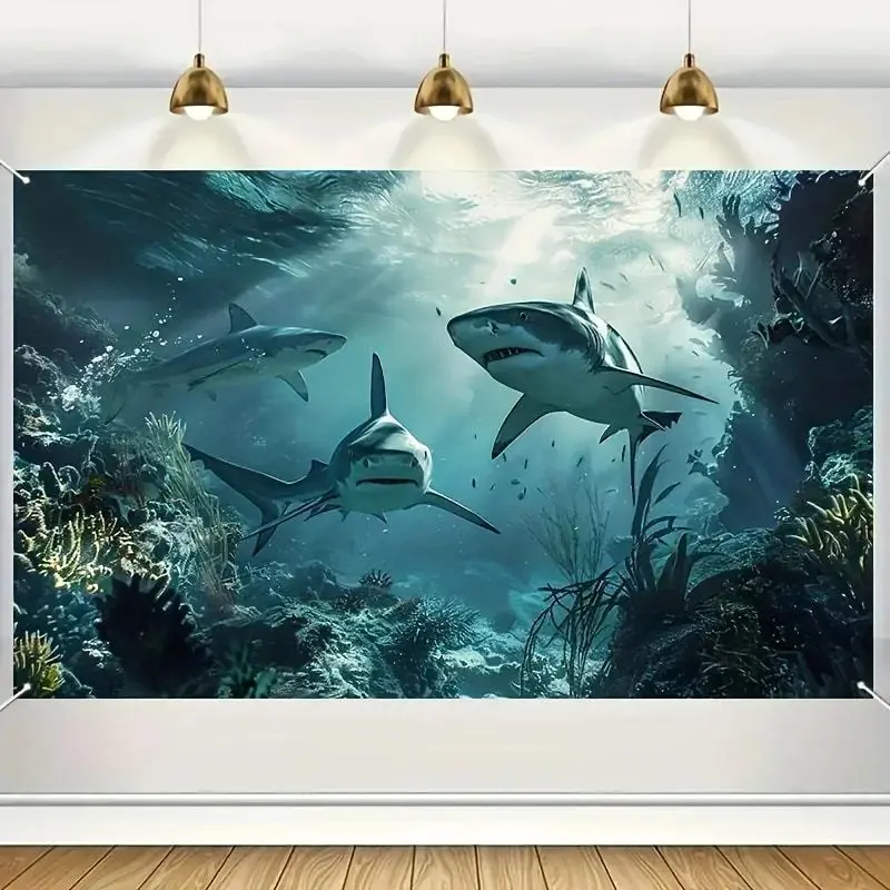 Polyester banner for ocean exploration, multifunctional underwater shark scene Background Cloth, suitable for parties