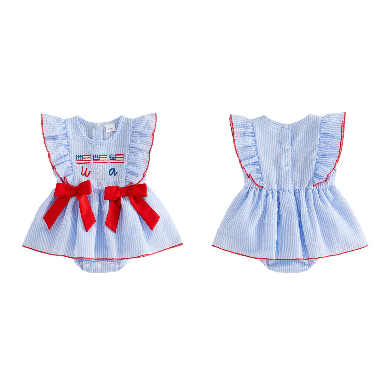 Baby Girl 4th of July Romper American Flag Embroidery Striped Ruffle Sleeve Doll Collar Bodysuit Infant Newborn Patriotic Outfit