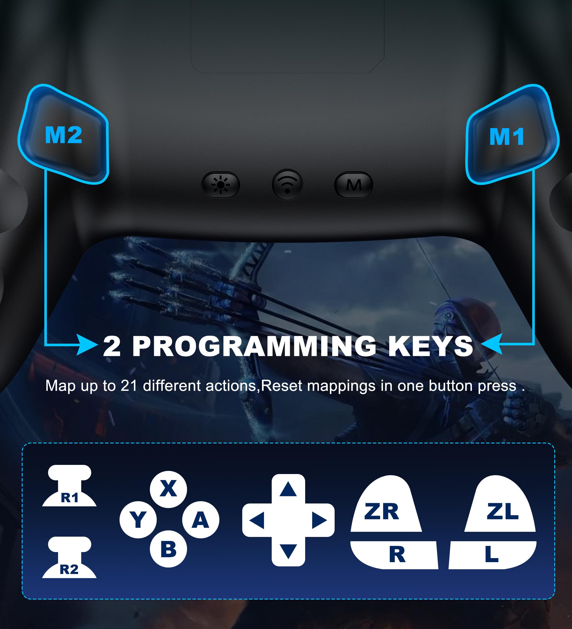 Suitable for Windows PC/Switch controllers, and compatible with Android/IOS system devices, Hall analog triggers and Hall effect joysticks provide precise control operations, with macro programming, Turbo, and vibration adjustment functions Suitable for Windows PC/Switch controllers, and compatible with Android/IOS system devices, Hall analog triggers and Hall effect joysticks provide precise control operations, with macro programming, Turbo, and vibration adjustment functions