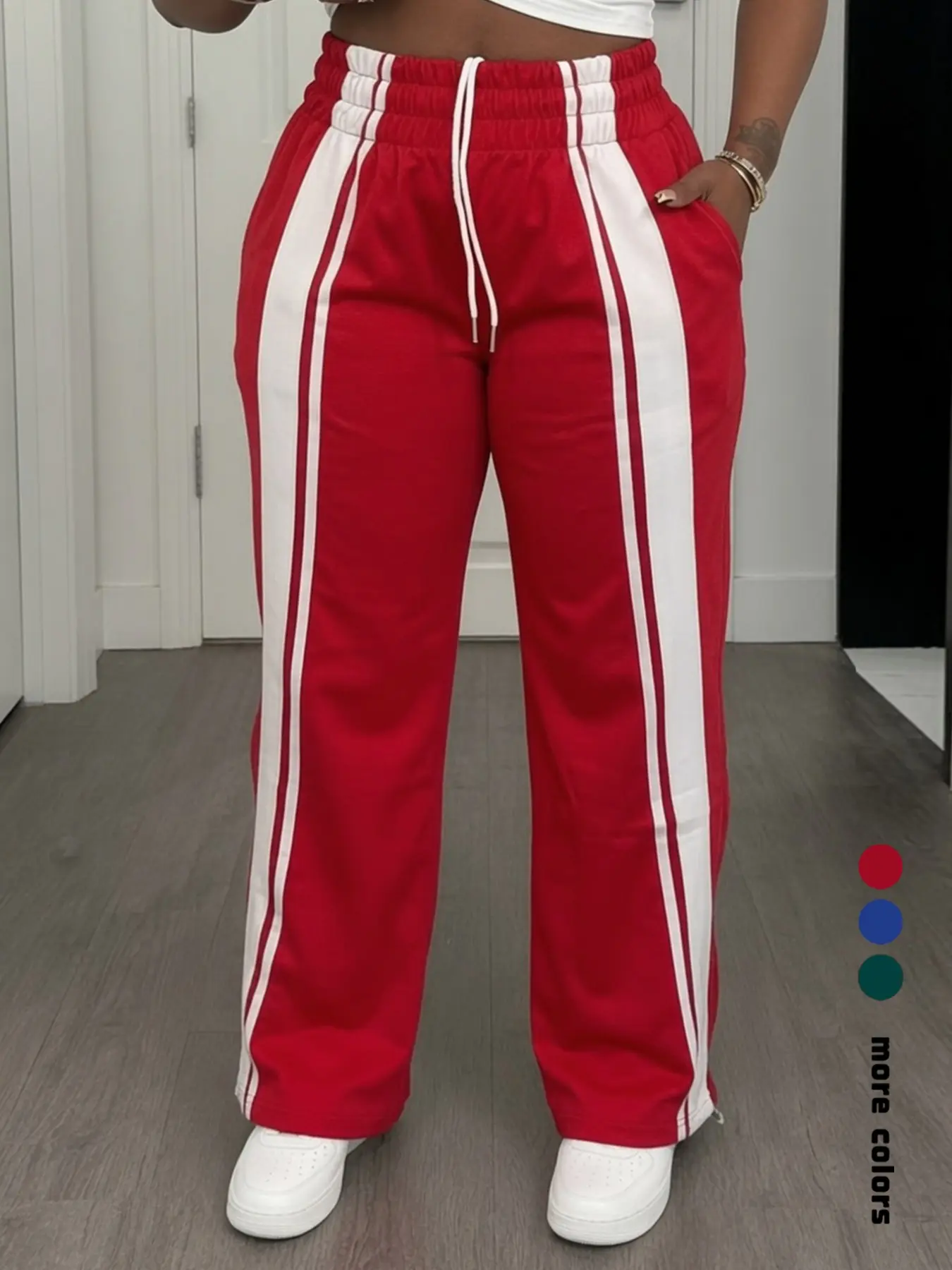Women's Striped Patchwork Sport Pants, High Waist Elastic Wide Leg, Casual Long Pants for All Seasons, Comfortable and Stylish, Athleisure Pants