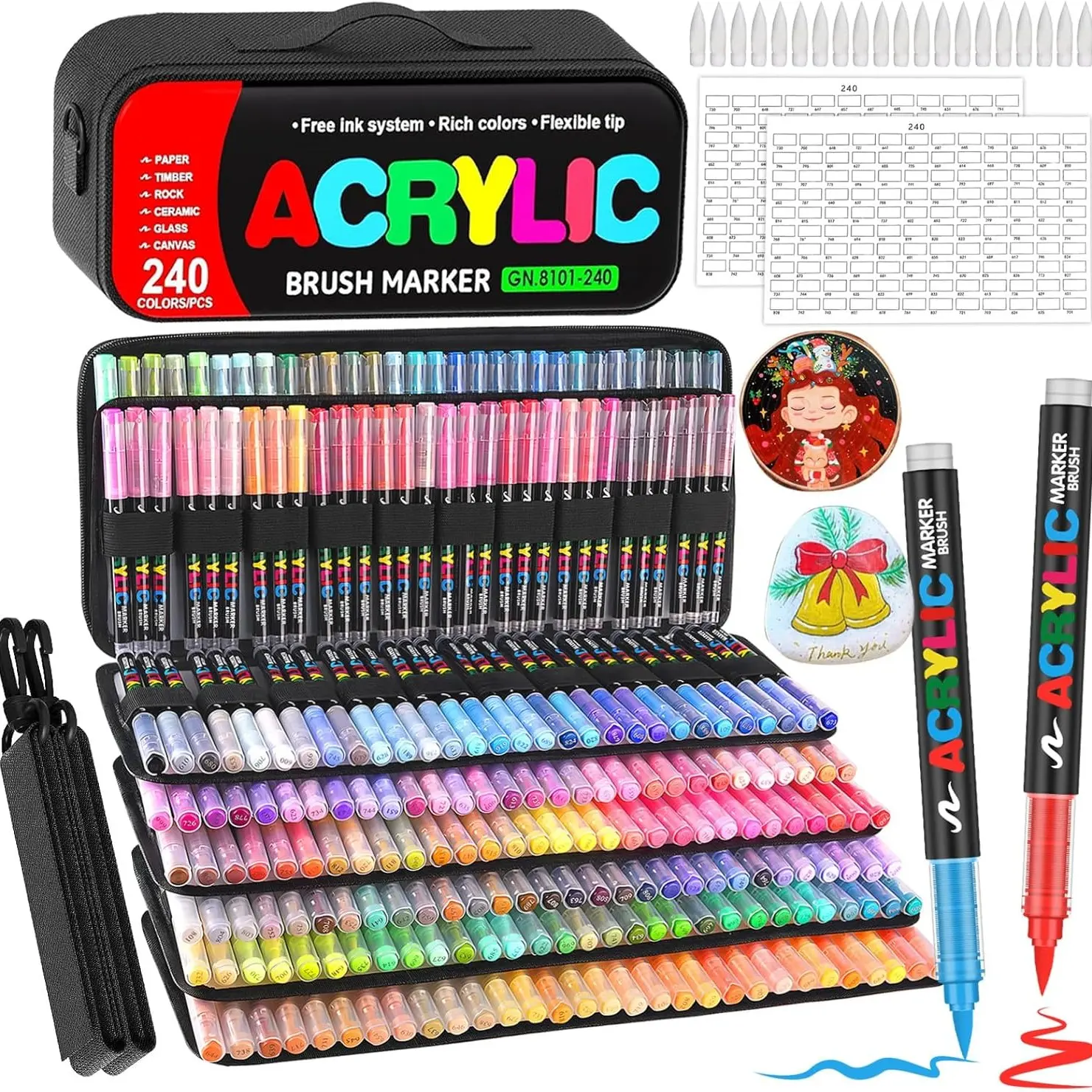 Guangna240 Colors Acrylic Paint Markers, Soft Brush Tip Professional Art Set for Rock, Wood, Glass, Ceramic, Canvas Painting - Fast Drying Waterproof, DIY Craft Supplies, Ideal Gift for Valentine's, Mother's Day, School Projects