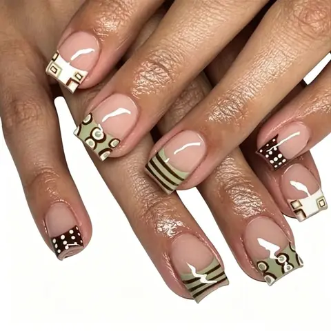 24pcs Vintage French Press-On Nails, Medium Square False Nails, Fake Nails with Geometric Swirl Dots, Spring Fall Daily Wear