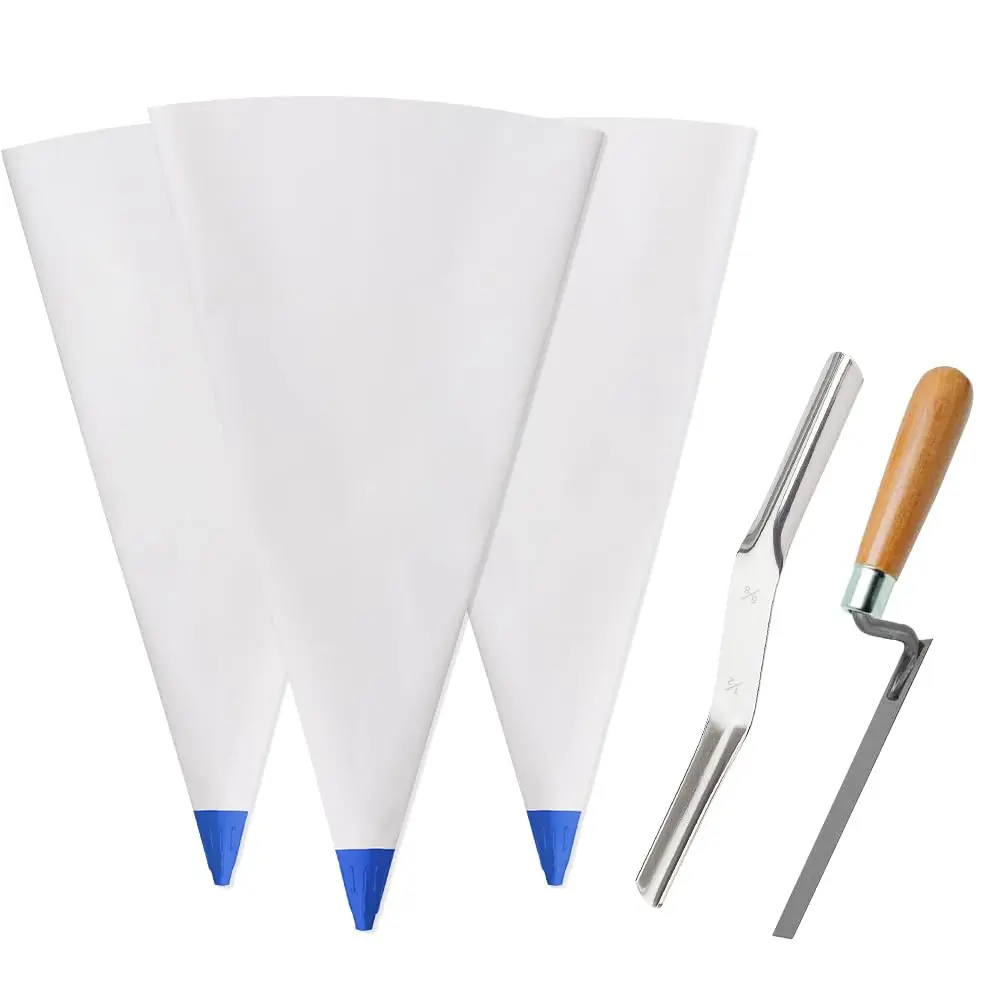 Grout Bags with Jointers - 12x24 Inch Waterproof Vinyl Tile Grout Masonry Mortar Bags with Wooden Handle for Stone Bricks Tiles, Blue, 3 Pack, Grout Bags+Jointers